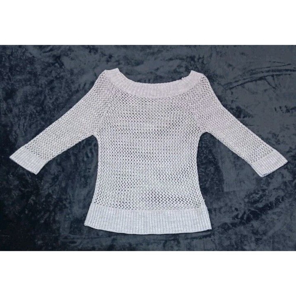 Charlotte Russe Y2K 3/4 Skeeve Open Knit Sweater L Silver Gray Metallic Shimmer
